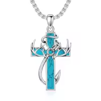 wholesale 925 Sterling Silver Black Enamel Deer Antlers Cross Pendant Necklace with Stainless steel chain for Men -2-06-Turquoise