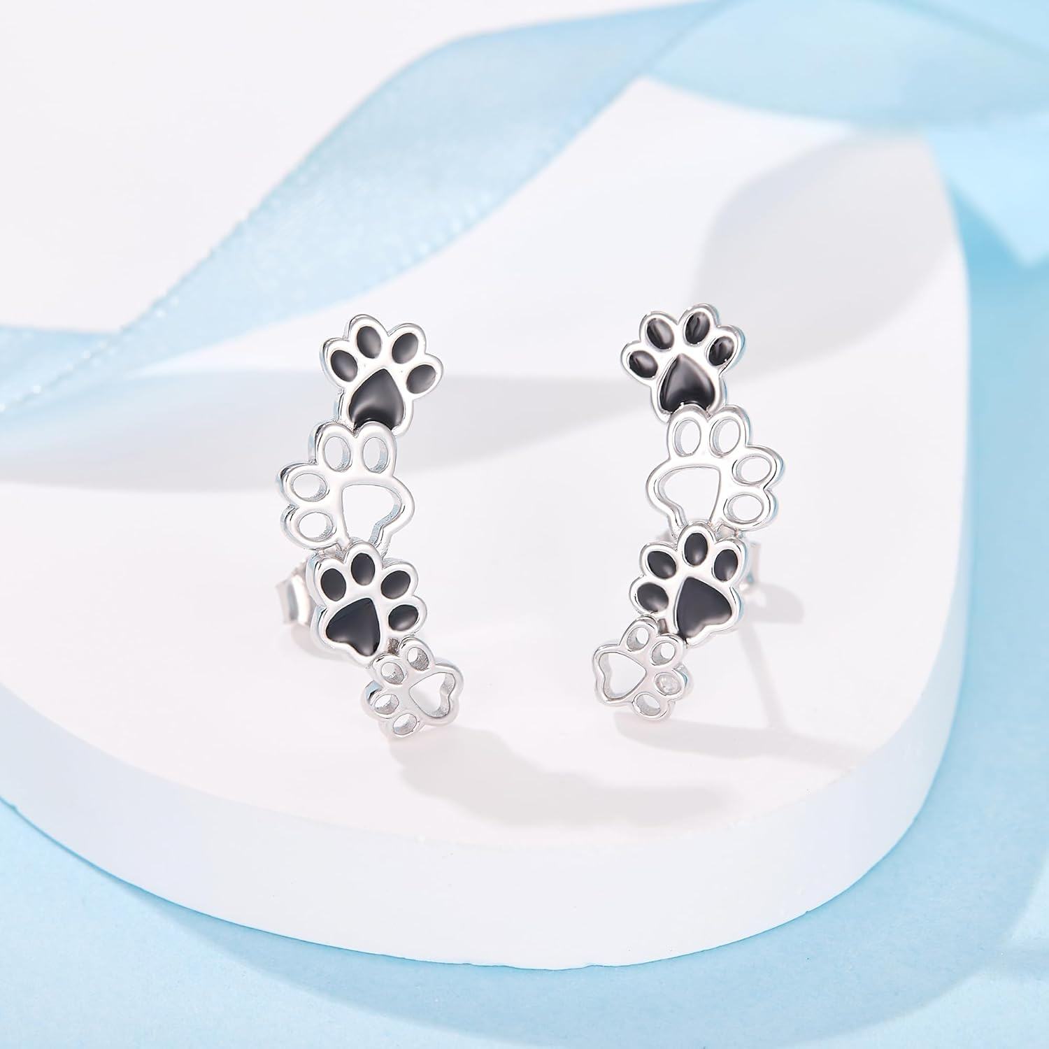 925 Sterling Silver Black Enamel Dog Paw Print Climber Stud Earrings for Women-0-2