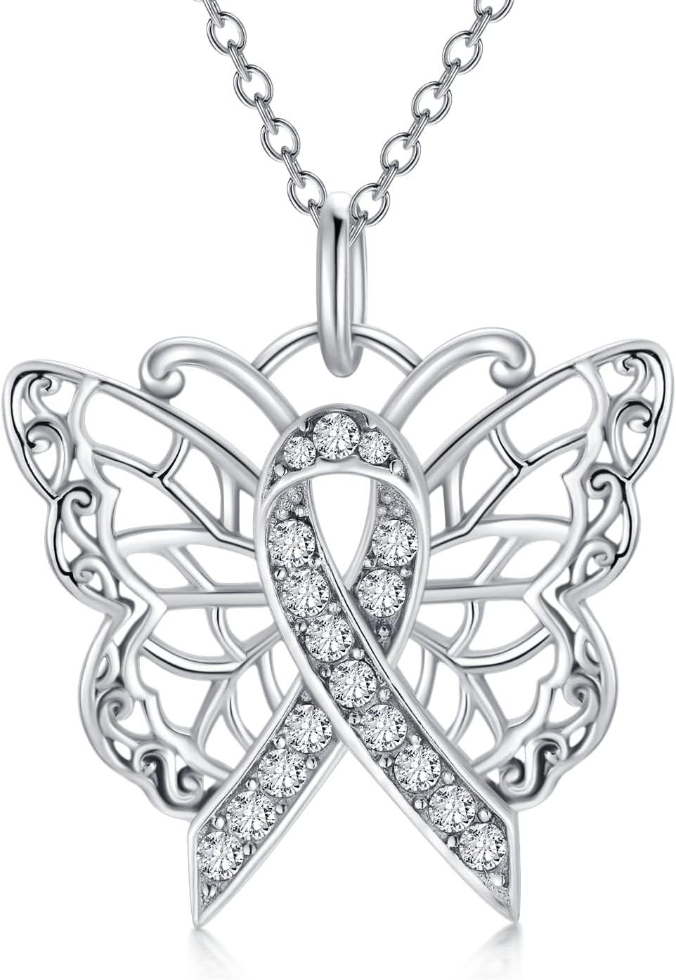  Silver Stone Cancer Survivor Necklace Women s Awareness Gift -01-Butterfly-white-01-Butterfly-white