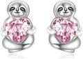 wholesale 925 Sterling Silver Pink Heart Sloth Stud Earrings - Birthday Gifts for Women-0-0