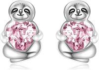 wholesale 925 Sterling Silver Pink Heart Sloth Stud Earrings - Birthday Gifts for Women-Pink