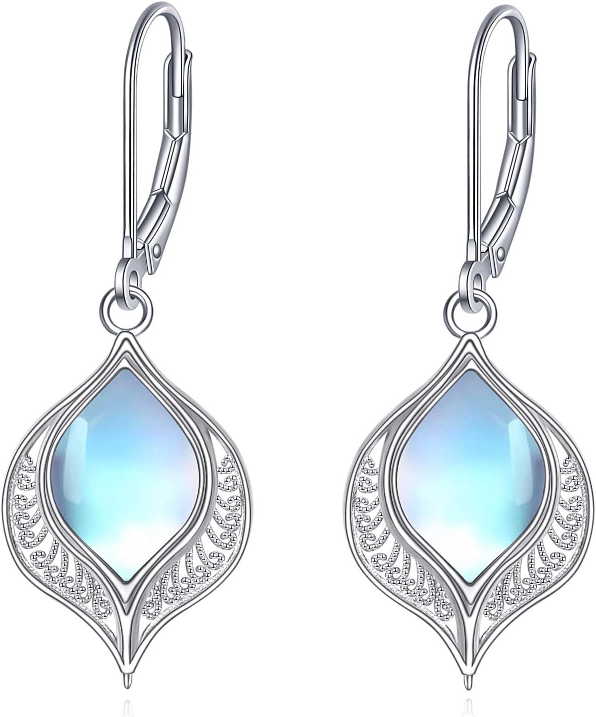 Sterling Silver Moonstone Dangle Drop Earrings Leverback Jewelry-E-filigree moonstone