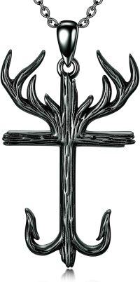 wholesale Sterling Silver Deer Antler Men s Cross Fish Hook Necklace-03-Black Cross Hook Necklace