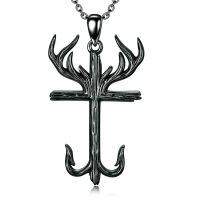 wholesale 925 Sterling Silver Antler Cross Pendant Necklace-03-Black Cross Hook Necklace