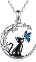 wholesale 925 Sterling Silver Black Cat with Blue Butterfly on Crescent Moon Pendant Necklace for Women-0-0