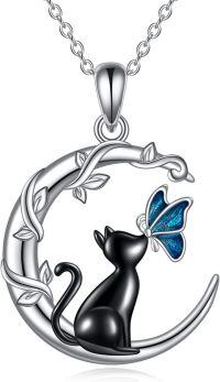 wholesale 925 Sterling Silver Black Cat with Blue Butterfly on Crescent Moon Pendant Necklace for Women-cat