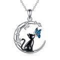 wholesale 925 Sterling Silver Black Cat with Blue Butterfly on Crescent Moon Pendant Necklace for Women-0-0