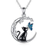 wholesale 925 Sterling Silver Black Cat with Blue Butterfly on Crescent Moon Pendant Necklace for Women-cat