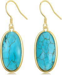 wholesale 925 Sterling Silver Genuine Turquoise Oval Drop Earrings with 925 Sterling Silver Gold Plating-Yellow Gold