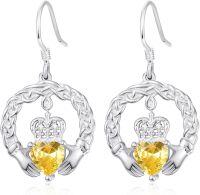 wholesale 925 Sterling Silver with Birthstone Claddagh Earrings for Women Irish Celtic Jewelry Gifts-11-November-Lab Created Citrine