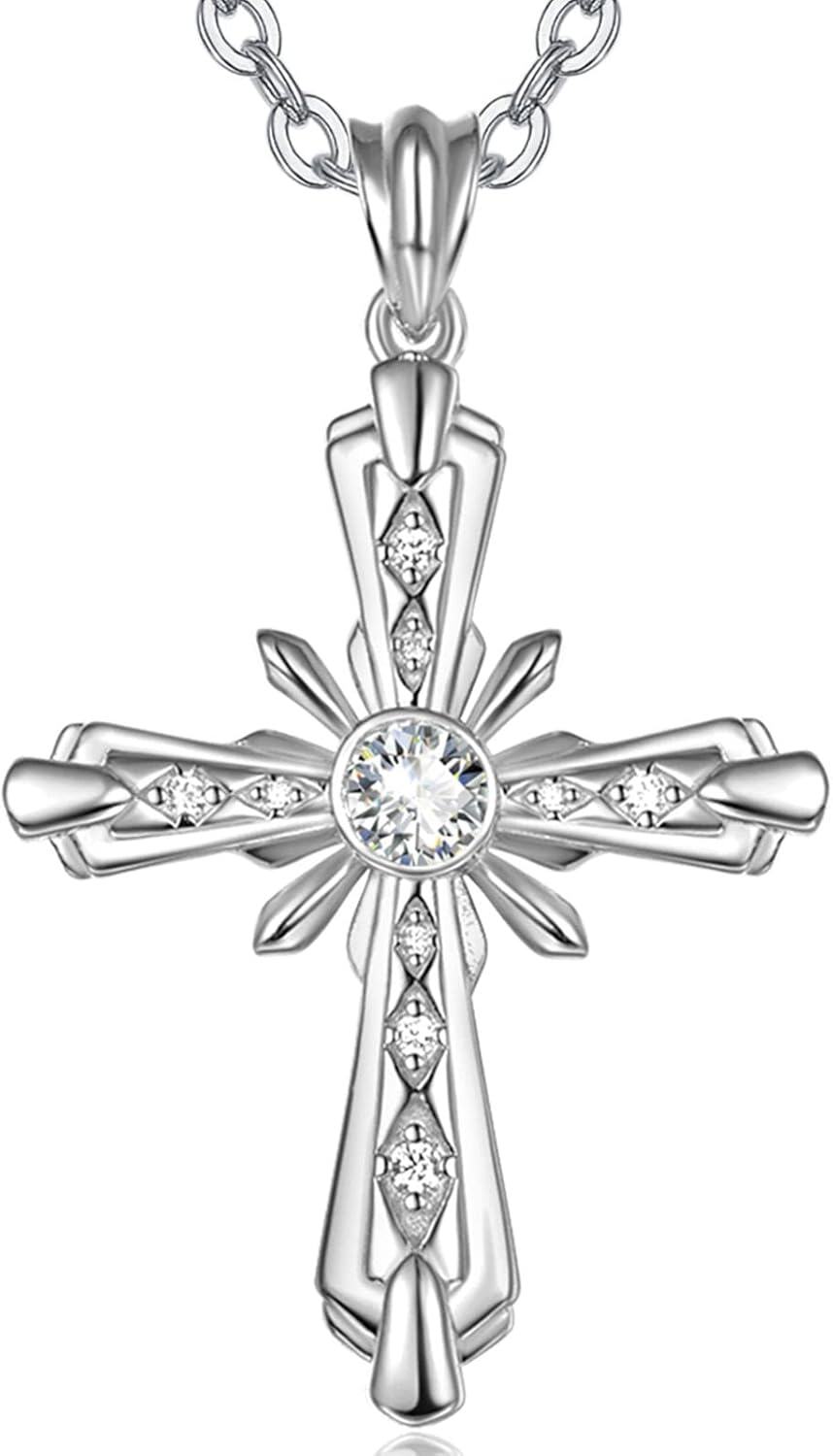 Sterling Silver Stone Christian Cross Pendant Necklace for Women Mom Faith Gifts-Silver Star Cross