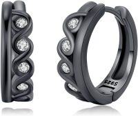 wholesale 925 Sterling Silver Black Viking Rune Huggie Hoop Earrings with Cubic Zirconia for Men & Women-Black Earrings