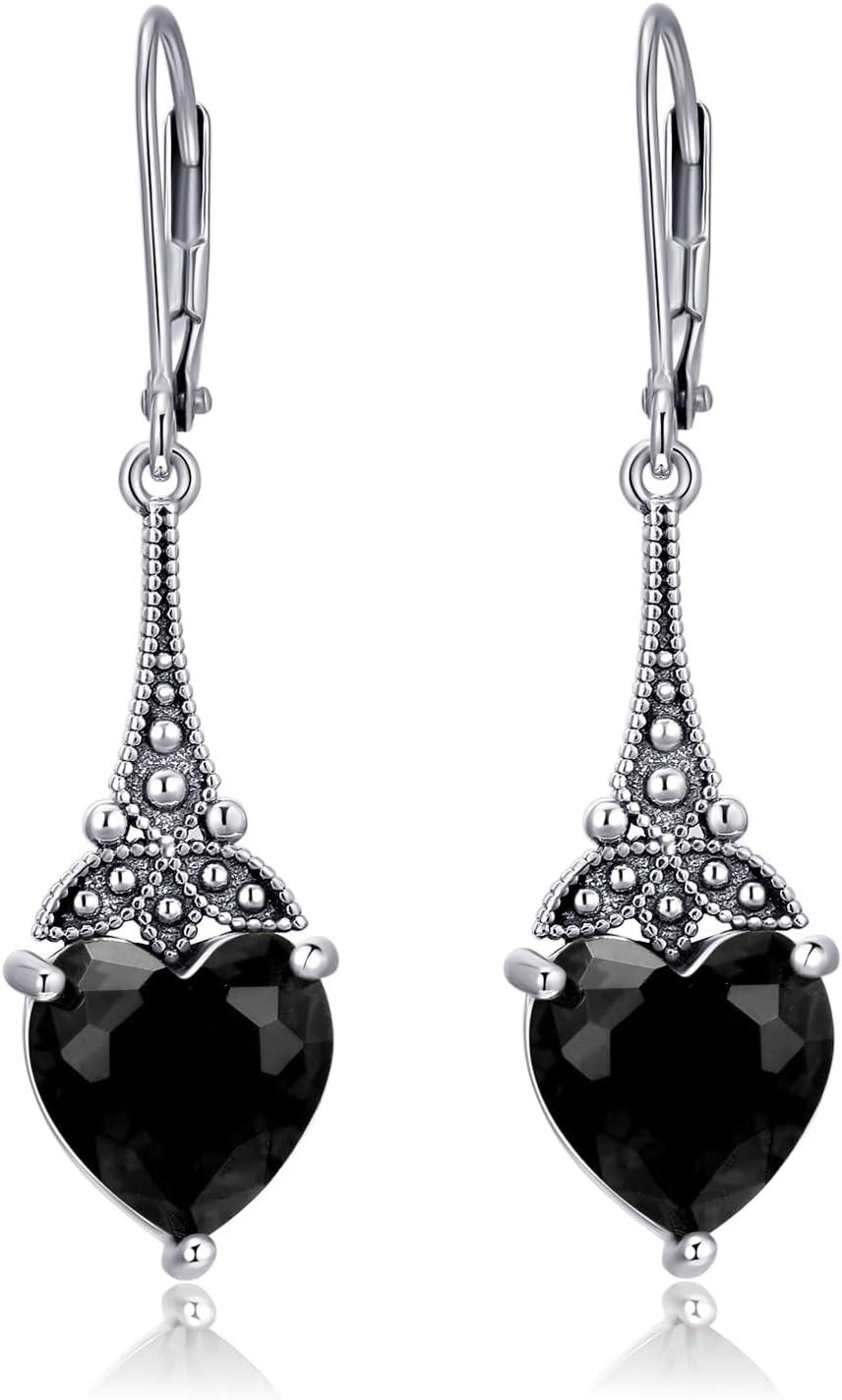 wholesale Sterling Silver 10mm Heart Crystal Leverback Vintage Drop Dangle Earrings-Black
