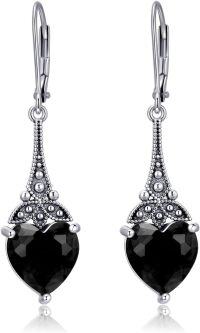 wholesale Sterling Silver 10mm Heart Crystal Leverback Vintage Drop Dangle Earrings-Black