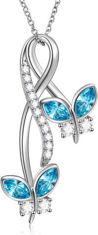 wholesale 925 Sterling Silver with Austrian Crystal Butterfly Necklace for Women, Elegant Light Blue Pendant, Adjustable Chain, Gift for Her-02 Simulated Aquamarine Birthstone - Light Blue