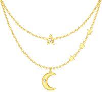wholesale 14K Gold Crescent Moon & Stars Pendant Necklace w/ Cubic Zirconia for Women-Moon