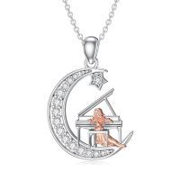 wholesale 925 Sterling Silver Crescent Moon with Star and Girl Playing Grand Piano Charm Necklace for Women-Piano