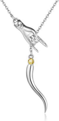 wholesale 925 Sterling Silver Birthstone Italian Horn Hand Necklace Cornicello Mano Cornuto Good Luck Amulet Pendant for Women-11-Nov-Created Citrine