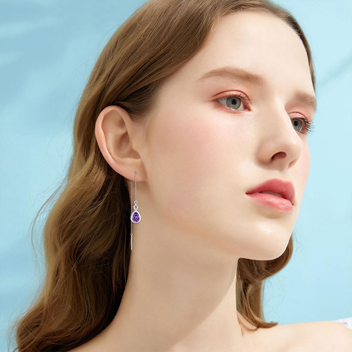 925 Sterling Silver 12 Birthstone Infinity Threader Drop Earrings for Women-0-1