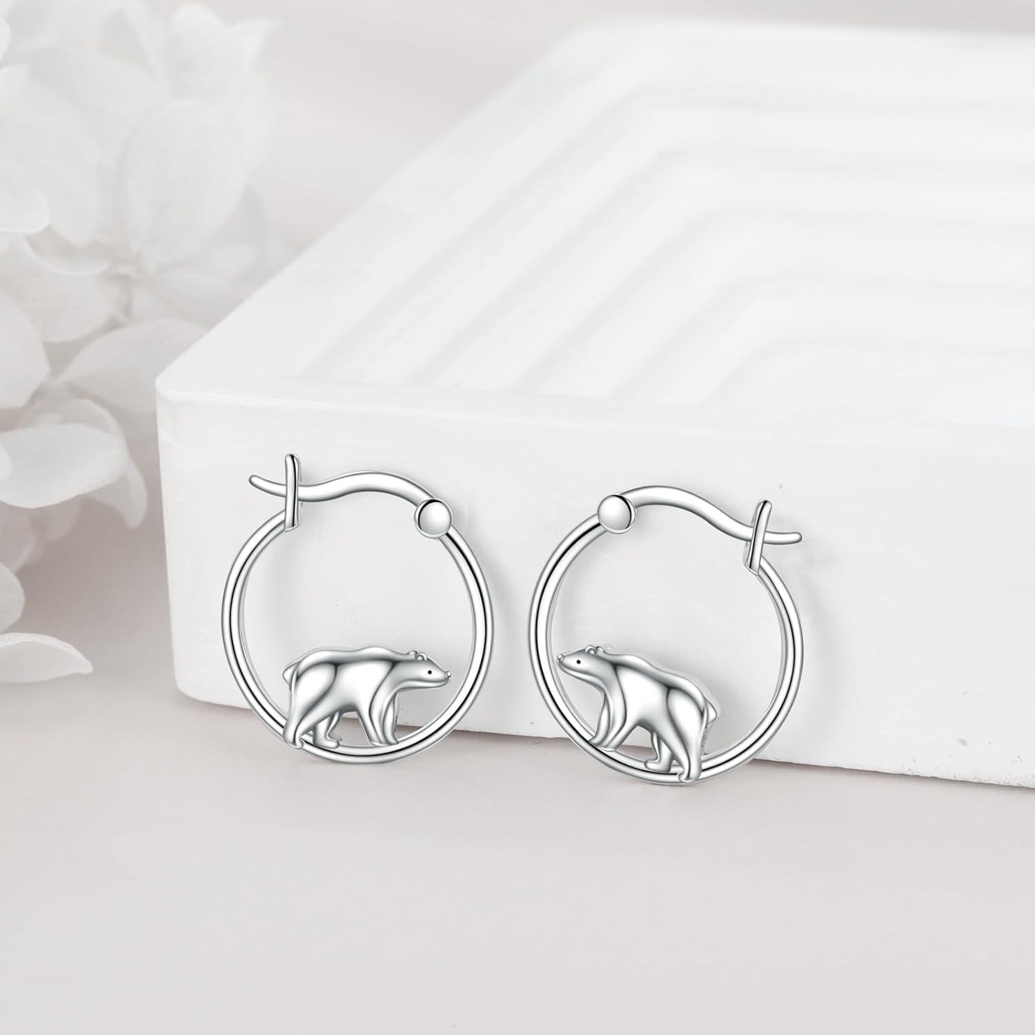 Sterling Silver Animal Hoop Earrings Fox Bear Penguin Axolotl Octopus Raccoon Christmas Gifts for Women-0-5