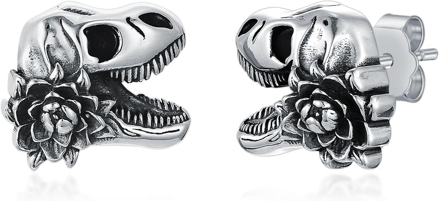 Sterling Silver Skull Stud Earrings with Lotus Hummingbird Squirrel Cow Gift for Women Men-Dinosaur