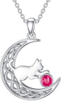 wholesale 925 Sterling Silver Birthstone Cat in Moon Pendant Necklace for Women-July