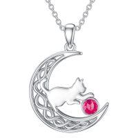 wholesale 925 Sterling Silver Cat And Moon Necklace Wholesale With Ruby Charm-July