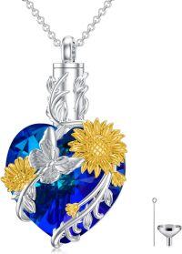 wholesale 925 Sterling Silver Heart Sunflower & Butterfly Keepsake Urn Necklace with Funnel and Fill Tool - Memorial Jewelry for Ashes-Butterfly Sunflower