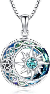 wholesale Sterling Silver Blue Crystal Sun Moon Necklace Women Birthstone Celtic Pendant Jewelry Gifts-12 Dec
