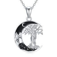wholesale 925 Sterling Silver Crescent Moon Tree Of Life Couple Pendant Necklace With Black Crystals-Coulp Hug-Tree