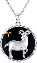 wholesale 925 Sterling Silver Aries Zodiac Sign Black Onyx Gemstone Pendant Necklace for Women Men Astrology s (Aries)-0-0