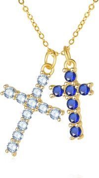 wholesale 14K Gold Sterling Silver Birthstone Double Cross Necklace for Women-03-09-Mar-Sept