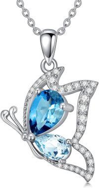 wholesale 925 Sterling Silver Blue Crystal Butterfly Pendant Necklace-Side Butterfly