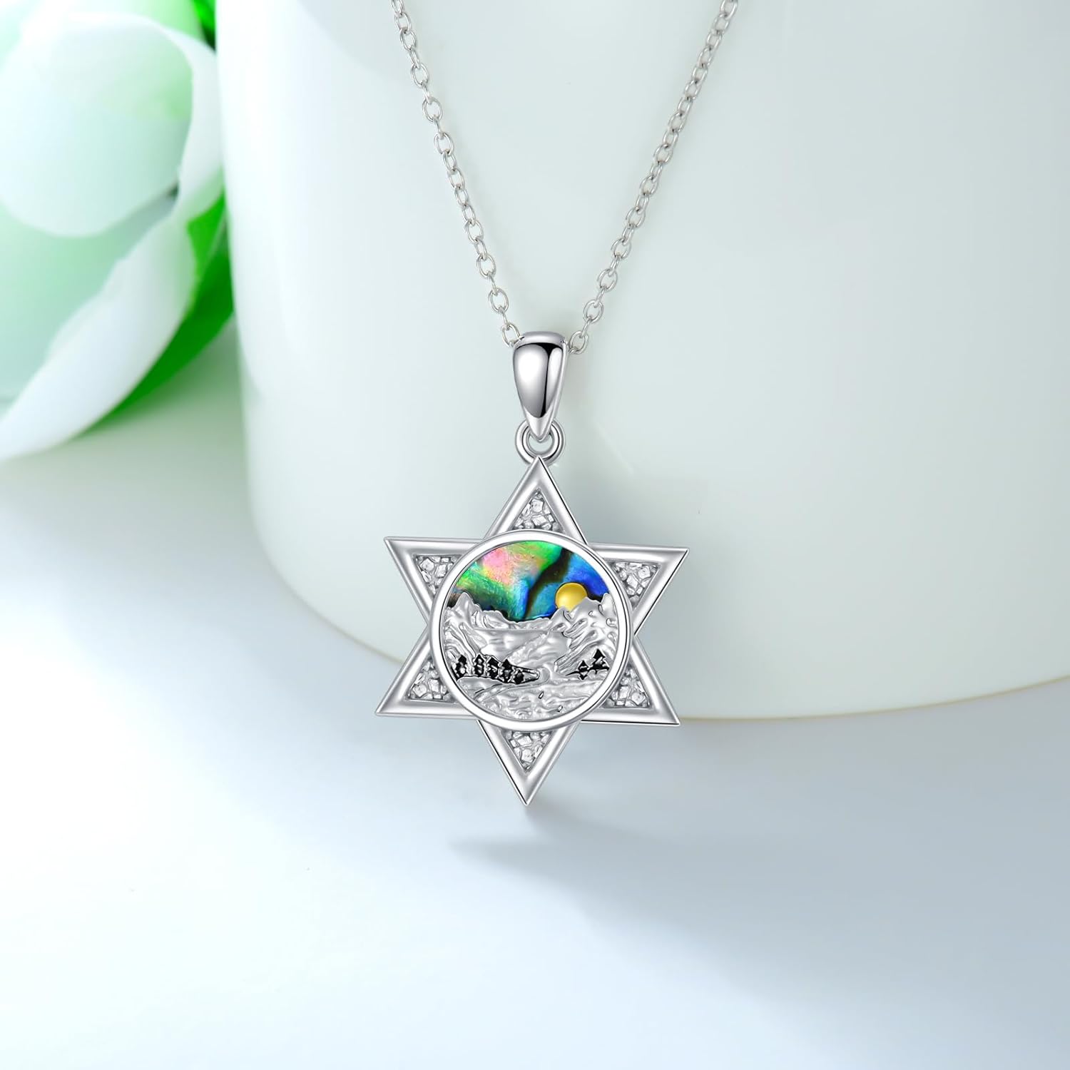wholesale 925 Sterling Silver Abalone Shell Star of David Mountain Sun Masonic Compass Pendant Necklace for Women and Men-0-5