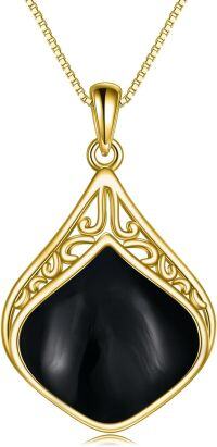 wholesale 18K Gold Plated Sterling Silver Black Onyx Opal Boho Pendant Necklace-Black Teardrop Necklace