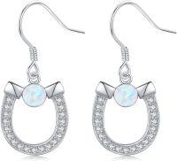 wholesale 925 Sterling Silver White Fire Opal & Cubic Zirconia Horse Shoe Drop Earrings for Women Girls  4cm Long-Horseshoe-Opal