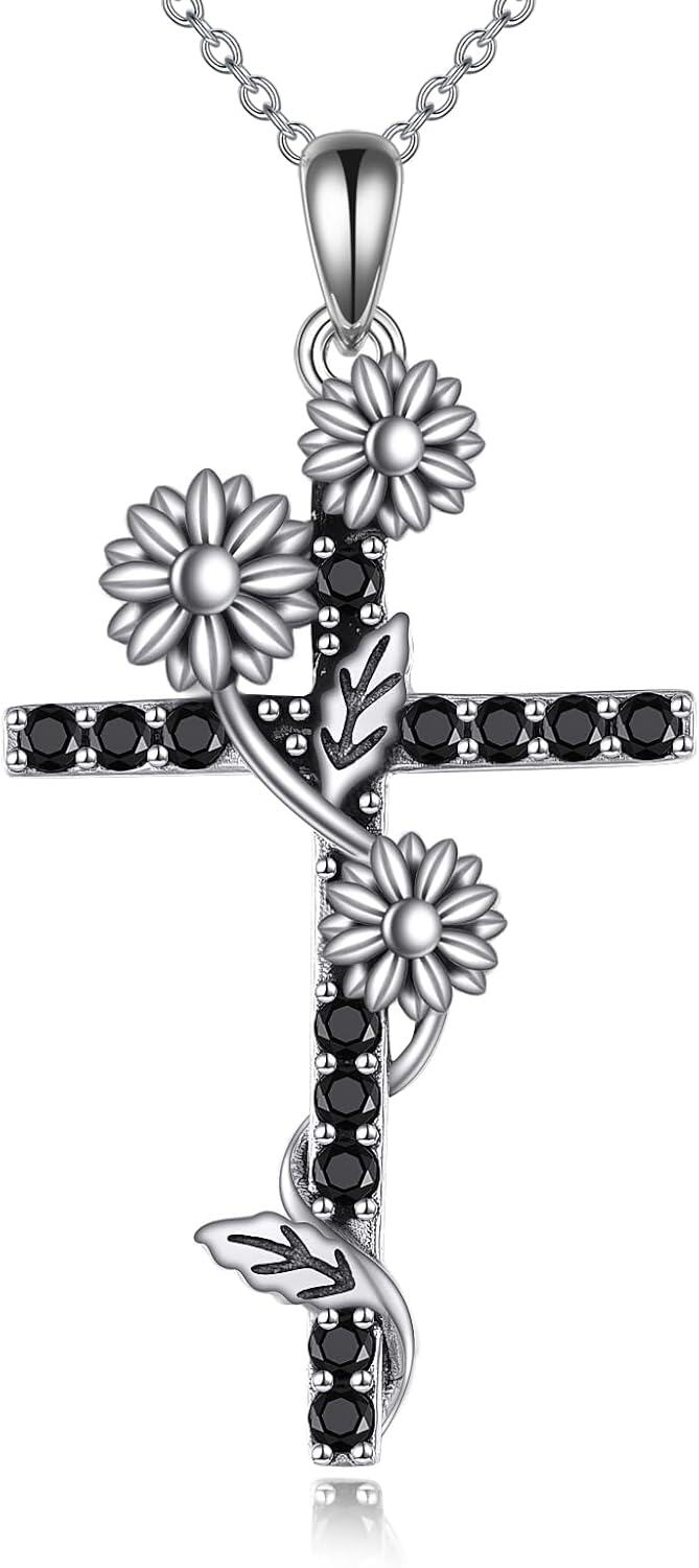 Sterling Silver Turquoise Moonstone Moss Agate Larimar Cross Necklace for Women-07-sunflower cross