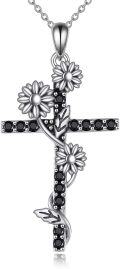 wholesale 925 Sterling Silver Daisy Flower Black Crystal Cross Pendant Necklace for Women-0-0