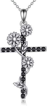 wholesale 925 Sterling Silver Daisy Flower Black Crystal Cross Pendant Necklace for Women-07-sunflower cross
