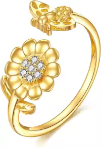 wholesale 14K Gold Adjustable Sunflower Open Rings Wholesale Jewelry Gift for Women Her-Bee