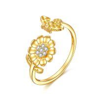 wholesale 14K Gold Adjustable Bee and Daisy Flower Open Ring  for Women Her-Bee