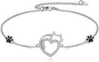 wholesale 925 Sterling Silver & AAA Cubic Zirconia Cat Charm Bracelet with Heart & Paw Design for Women Cat Lovers-white