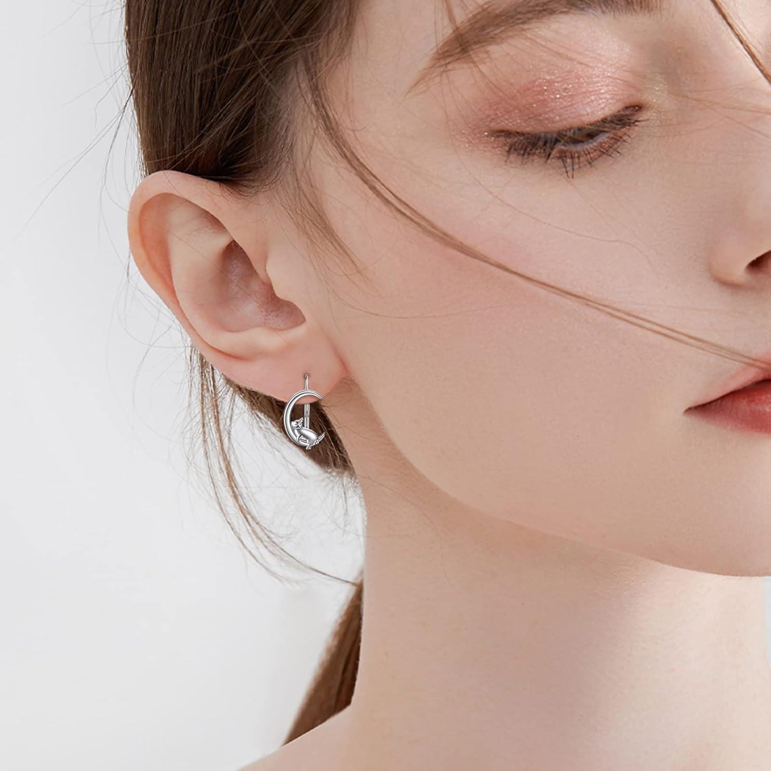 wholesale 925 Sterling Silver Cat on the Moon Leverback Dangle Drop Hoop Earrings for Women-0-2