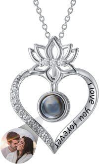 wholesale S925 Sterling Silver & 14K Gold Plated Photo Projection Necklace with Nanotechnology Love Stone, Customizable Lotus Flower Pendant Gift for Women-G1-Lotus-Customized photo
