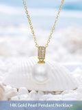 wholesale 14K Gold Freshwater Pearl Pendant Necklace with Rolo Chain & Cubic Zirconia-0-1