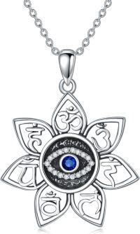 wholesale 925 Sterling Silver Evil Eye Lotus Chakra Pendant Necklace with Sapphire and CZ Stones-Evil Eye