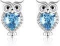 wholesale Silver Owl Heart-Shaped Blue Crystal Stud Dangle Earrings - 925 Sterling Silver  for Her-0-0