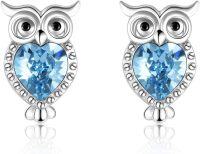 wholesale Silver Owl Heart-Shaped Blue Crystal Stud Dangle Earrings - 925 Sterling Silver  for Her-I-Owl