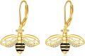 wholesale 925 Sterling Silver Honeybee Drop Earrings with Cubic Zirconia and Black Enamel Accents for Women-0-0