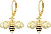 wholesale 925 Sterling Silver Honeybee Drop Earrings with Cubic Zirconia and Black Enamel Accents for Women-Bee Leverback Earrings